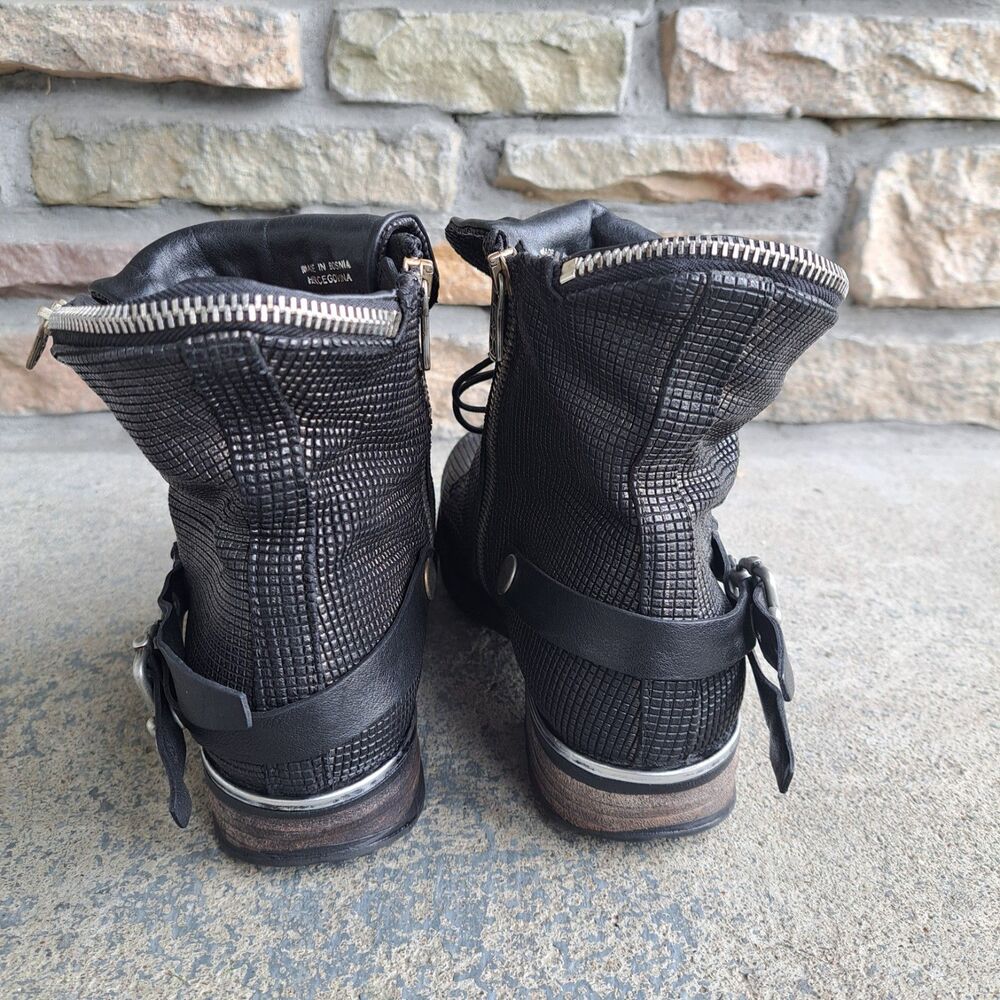 A.S. 98 Black Metallic Venezia Leather Ankle Boot Lace Up & Zip Sz 40 Moto Punk - Picture 6 of 16